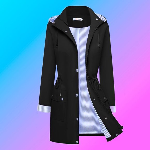 Black Trench Coat Rain Jacket Zipper Snap Buttons Removable Hood Size M NEW - Picture 5 of 8